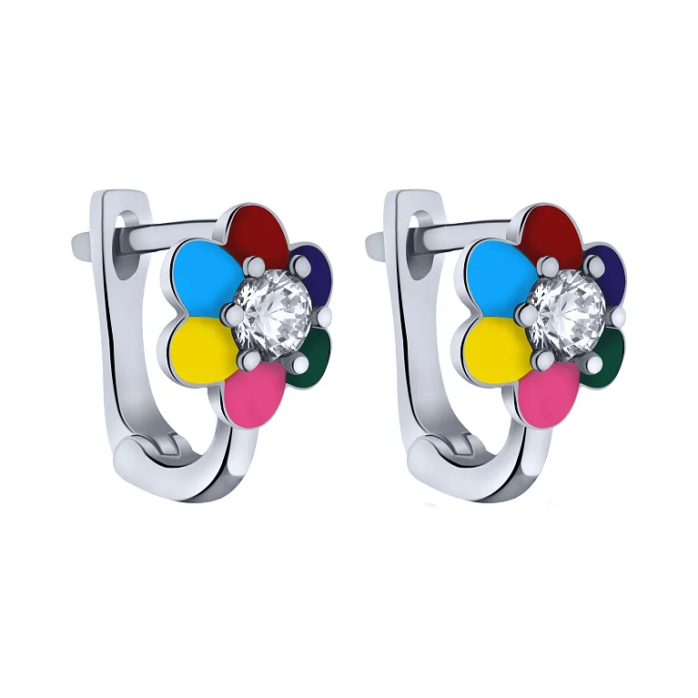 Детские серьги из серебра с фианитом и эмалью "Цветок" - 2148488