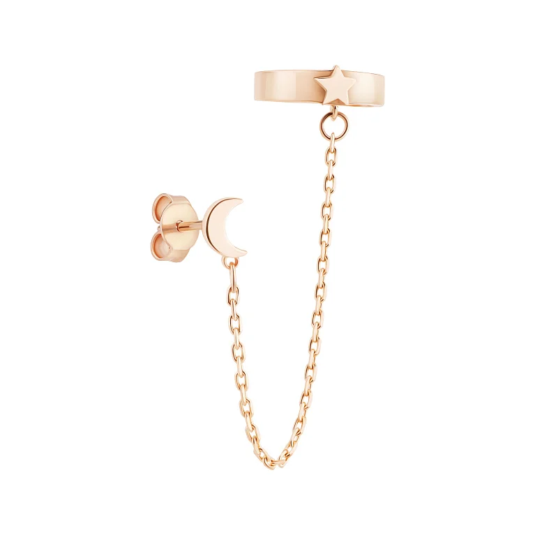 Моносерьга-гвоздик з кафою "Місяць і зірка" з червоного золота - 2147436