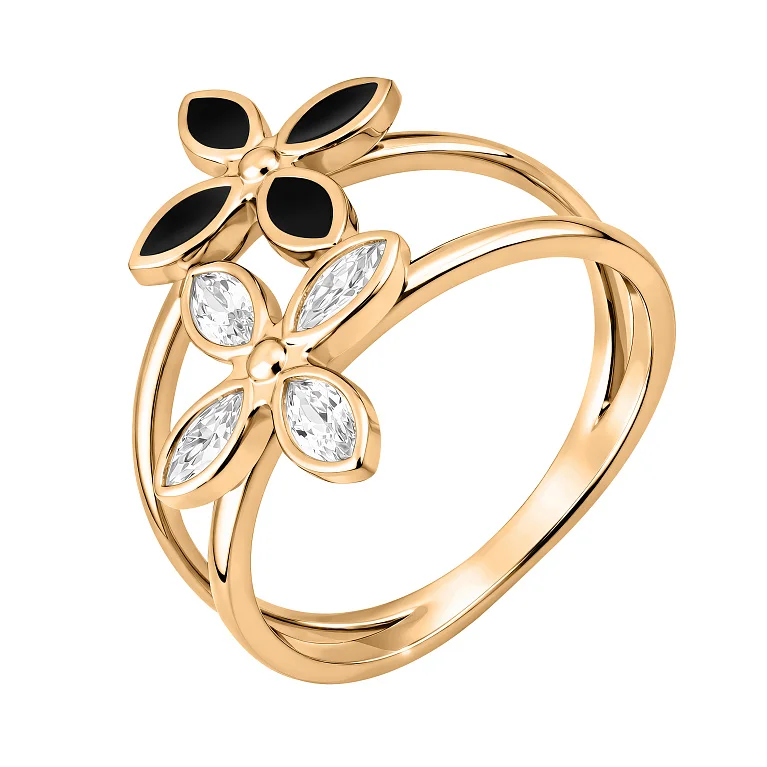 Подвійна каблучка "Квіти" з червоного золота з емаллю та фіанітами  - 2187433