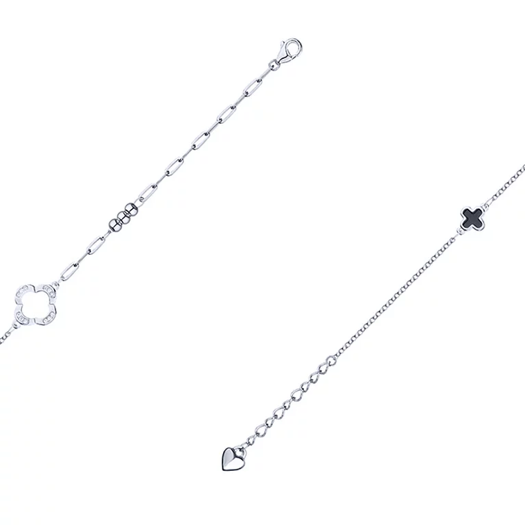 Браслет "Клевер" серебряный с эмалью и фианитами якорное плетение. Артикул 7509/4112еч: цена, отзывы, фото – купить в интернет-магазине AURUM