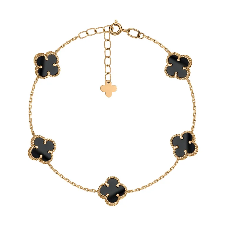 Браслет "Конюшина" з червоного золота з оніксом в якірному плетінні - 2167458