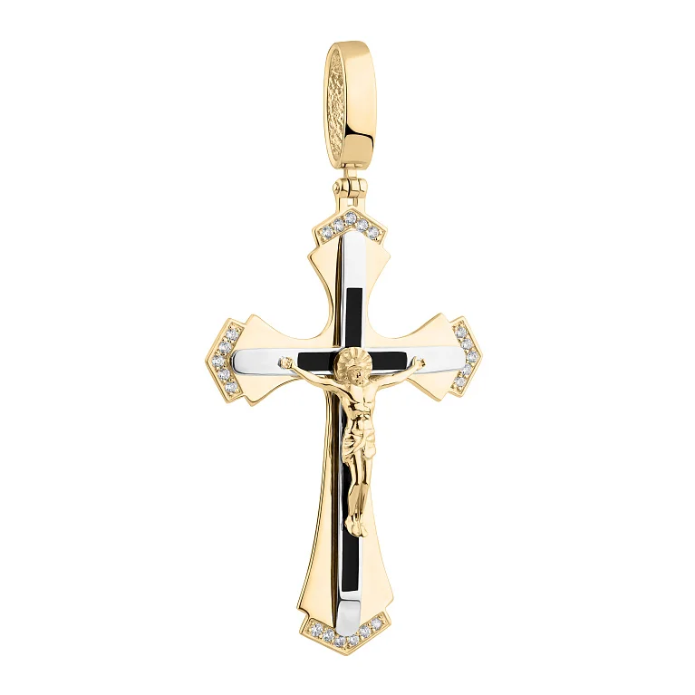 Натільний хрестик з комбінованого золота з емаллю та фіанітами - 2128352