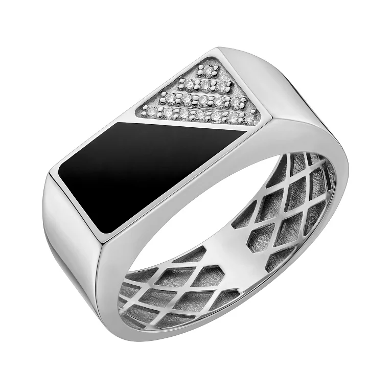 Перстень-печатка з білого золота з діамантами та емаллю  - 2226192