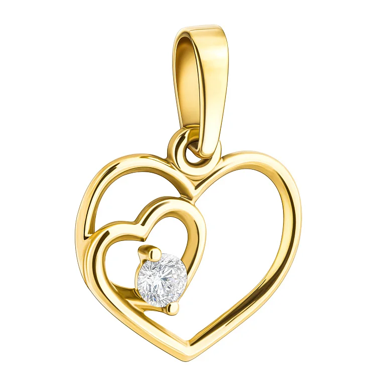 Підвіс "Два серця" з лимонного золота з фіанітом - 1522320