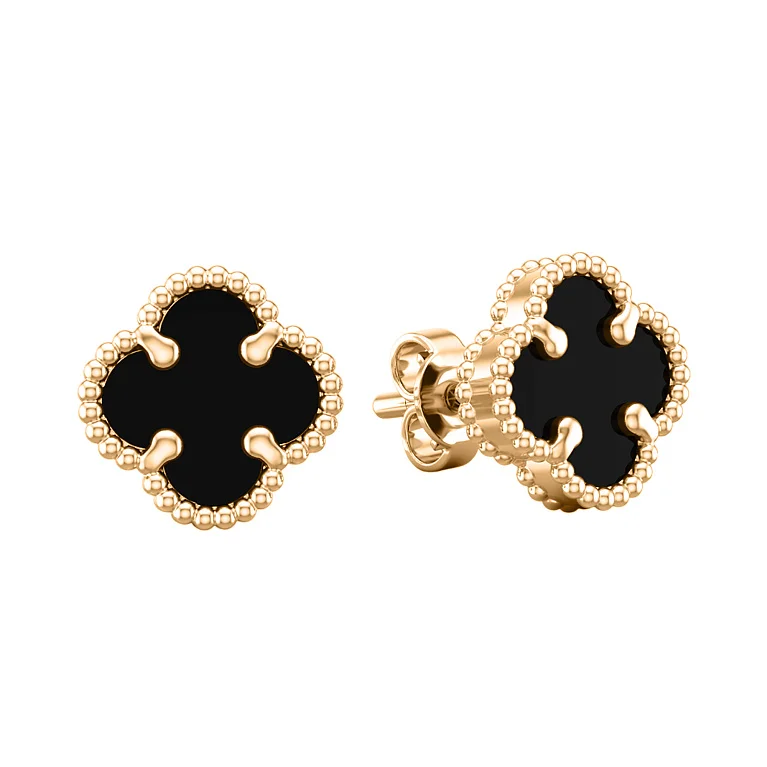 Серьги-пусеты "Клевер" из красного золота с ониксом - 2134667