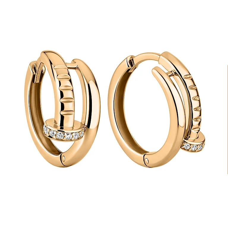 Серьги-кольца "Гвоздь" с фианитами в красном золоте - 2182470