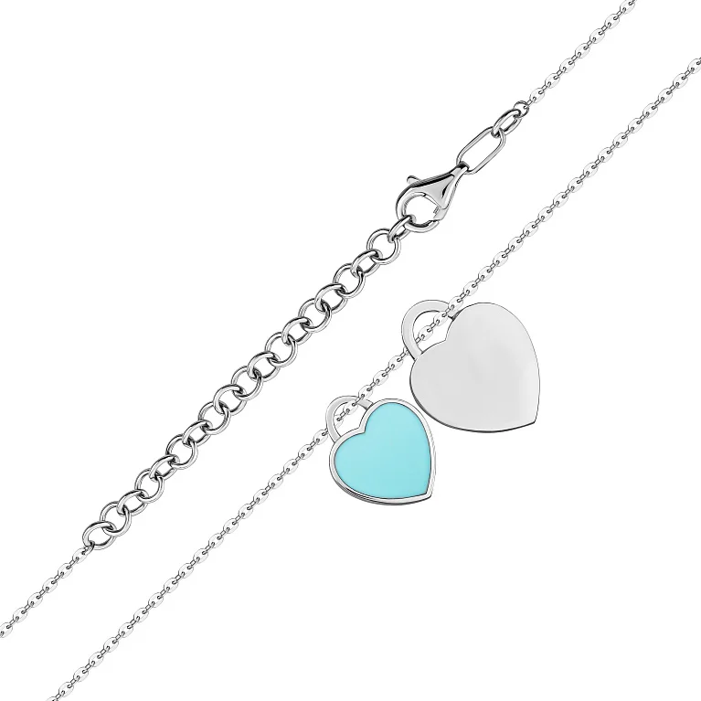 Стильний ланцюжок з підвісами "Серце" в білому золоті з емаллю і плетінням якір - 1974431