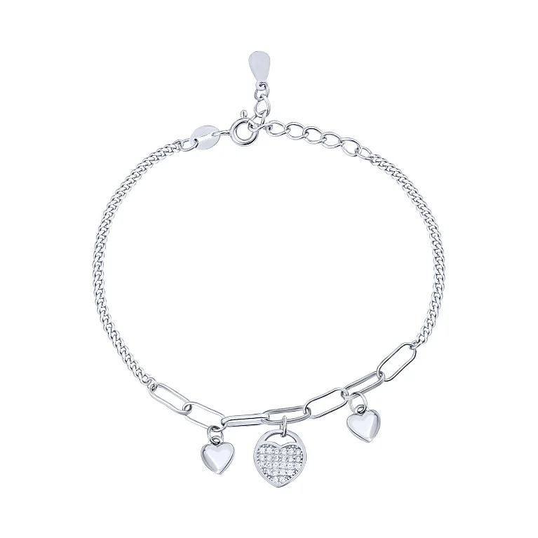 Срібний браслет з підвісами "Серця" у панцирному та якірному плетінні - 2149511