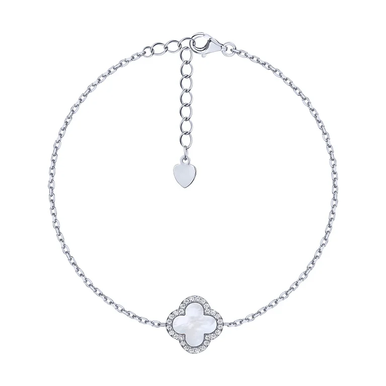Серебряный браслет "Клевер" с перламутром и фианитами плетение якорь - 2170997