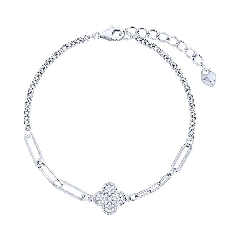 Серебряный браслет с фианитами "Клевер" в двойном плетении - 2172615