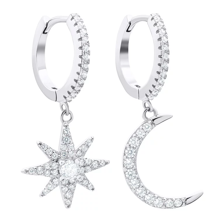 Срібні сережки-кільця з підвісами "Місяць і Зірочка" з фіанітами. Артикул 7502/2137184: ціна, відгуки, фото – купити в інтернет-магазині AURUM