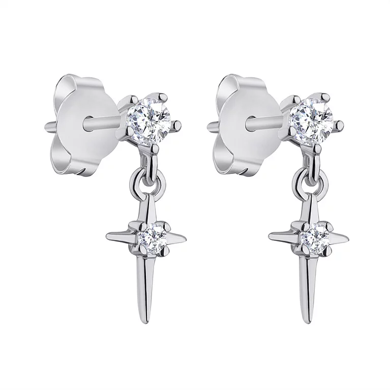 Срібні сережки-гвоздики з підвісами Зірка та фіанітом. Артикул 7518/6190: ціна, відгуки, фото – купити в інтернет-магазині AURUM