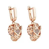 Стильні сережки з підвісом "Пантера" в червоному золоті з фіанітами - 1985837