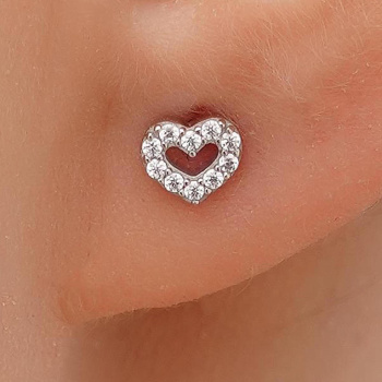 Серьги-гвоздики из белого золота "Сердечко" с фианитами - 1690063