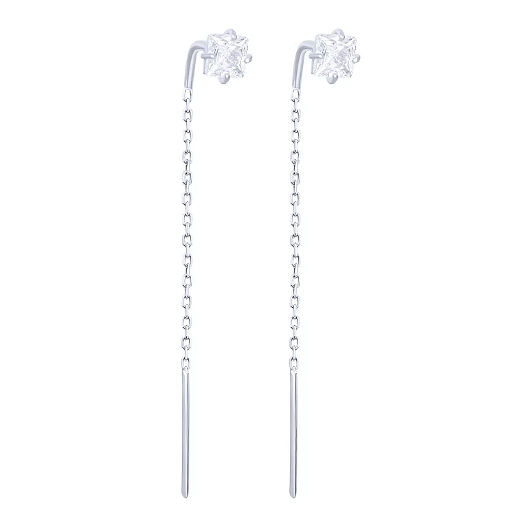 Срібні сережки-протяжки з фіанітом і родіюванням. Артикул 7502/583сР: ціна, відгуки, фото – купити в інтернет-магазині AURUM