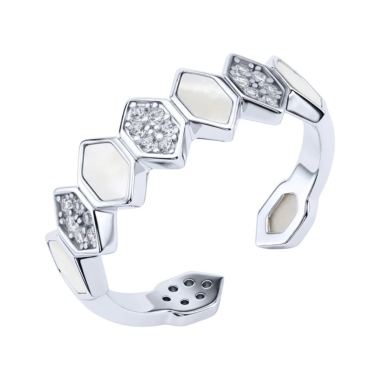 Незамкнена каблучка зі срібла з фіанітами та перламутром - 2221919