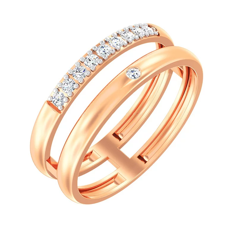 Двойное кольцо с фианитом из красного золота. Артикул 140715: цена, отзывы, фото – купить в интернет-магазине AURUM