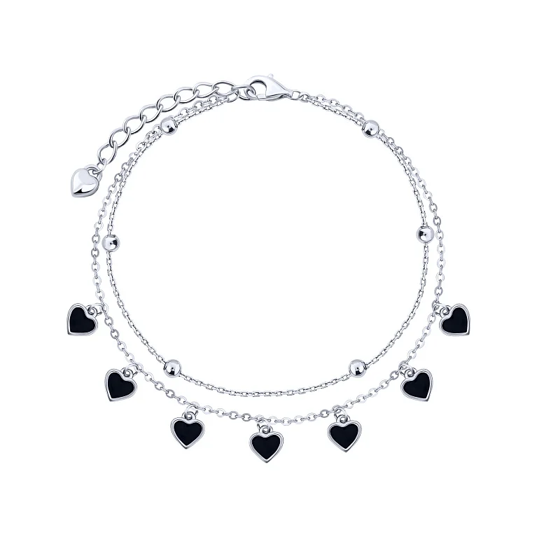 Серебряный двойной браслет с подвесами "Сердце" с эмалью плетение якорь - 2162949