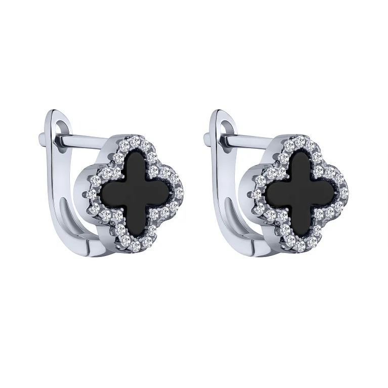 Срібні сережки "Конюшина" з оніксом та фіанітами - 2159646