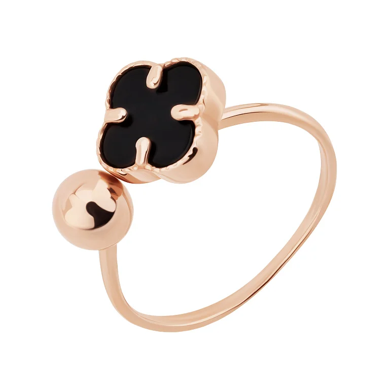 Незамкнена елегантна каблучка "Конюшина" з оніксом у червоному золоті  - 2093461