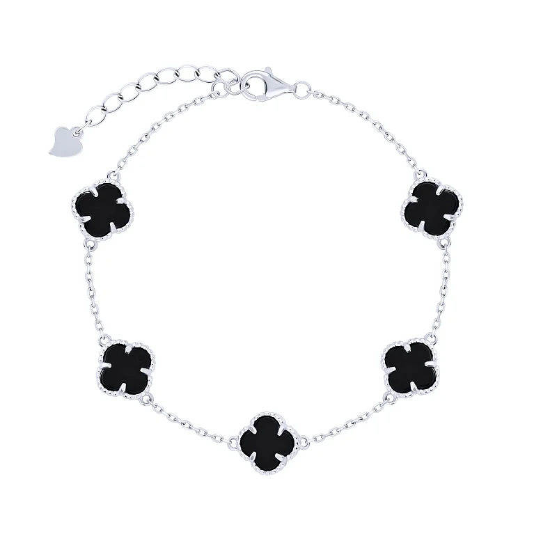 Срібний браслет "Конюшина" с оніксом плетіння якір - 2147074