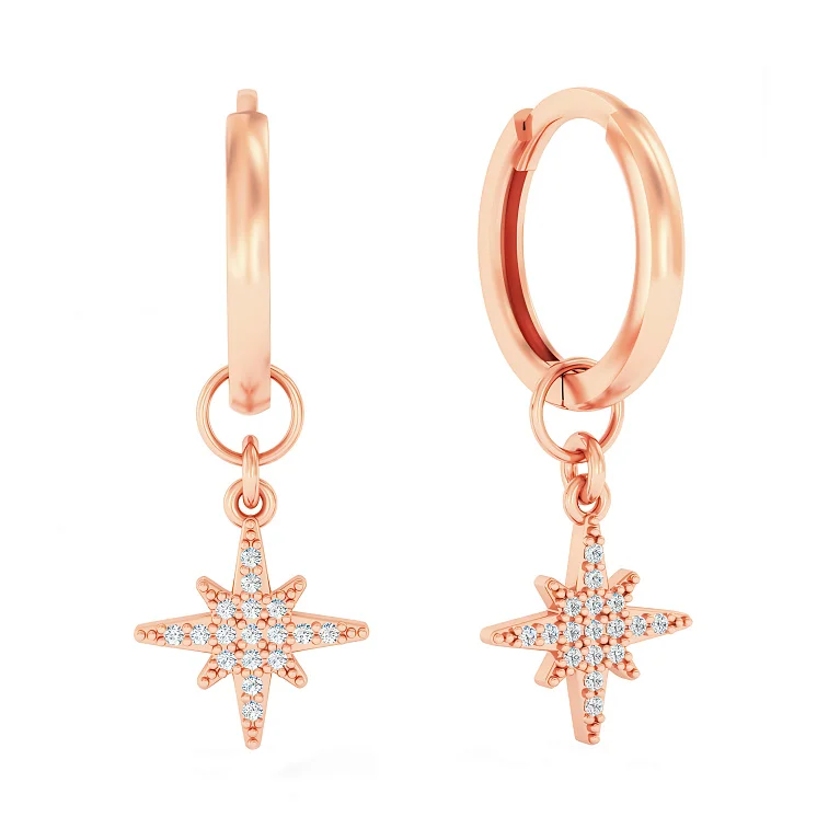 Сережки-кільця з підвісом "Зірка" із червоного золота з фіанітами - 2116885