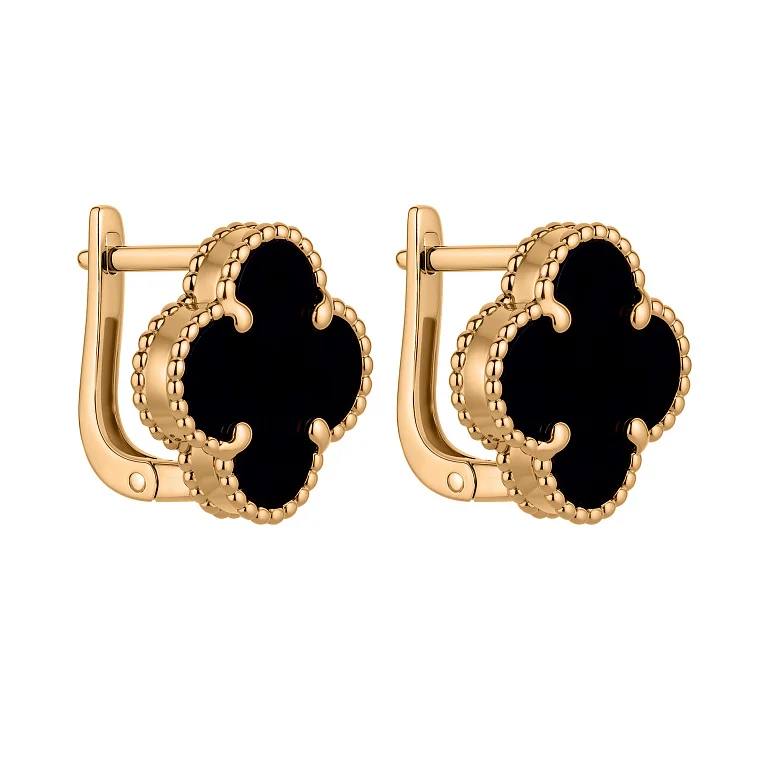 Серьги "Клевер" из желтого золота с ониксом - 2125847