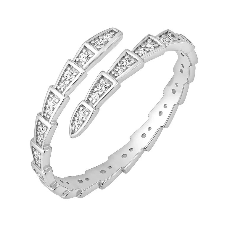 Каблучка з білого золота незамкнена "Змія" з фіанітами - 2142389