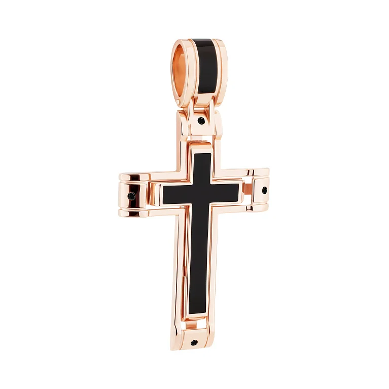 Декоративний хрестик з червоного золота з фіанітами та емаллю - 2193733