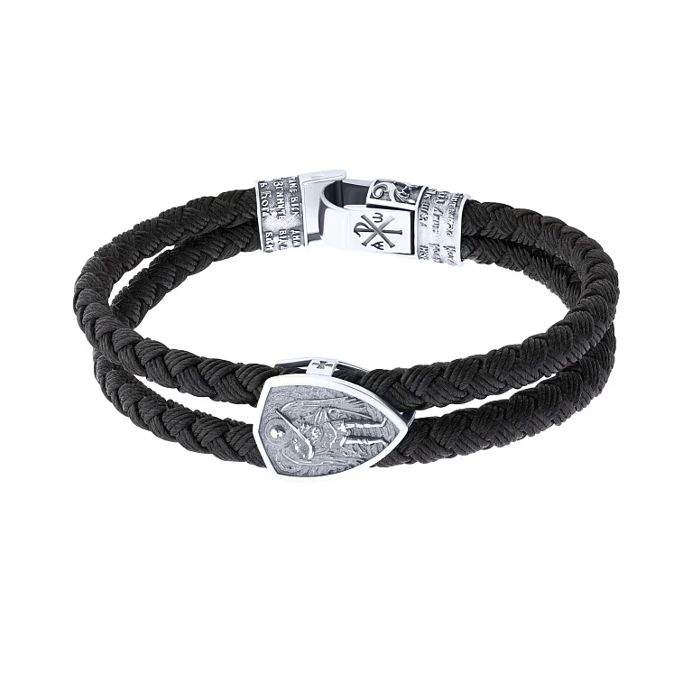 Подвійний шовковий браслет зі срібними вставками з Архангелом Михаїлом та чорнінням - 2149182