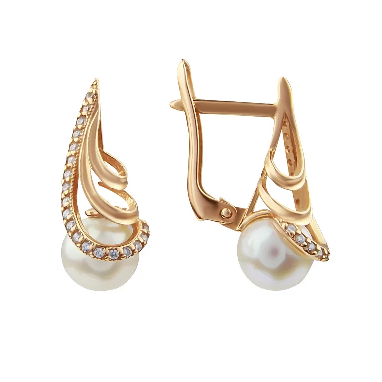 Золоті сережки з перлами і фіанітом. Артикул 420235: ціна, відгуки, фото – купити в інтернет-магазині AURUM