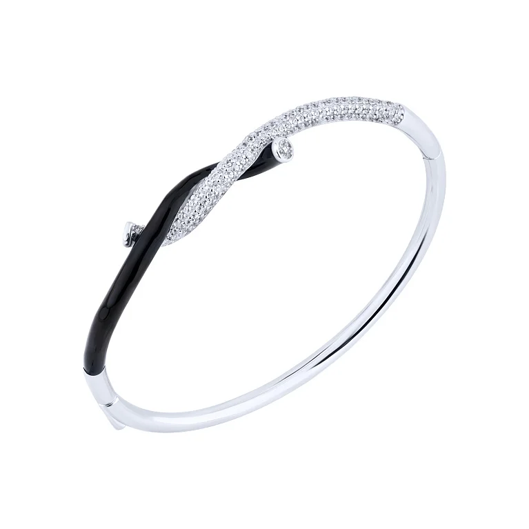 Жесткий браслет "Жгут" из серебра с фианитами и ємалью - 2132309