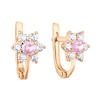 Сережки детские из красного золота с фианитом "Цветок" - 603676