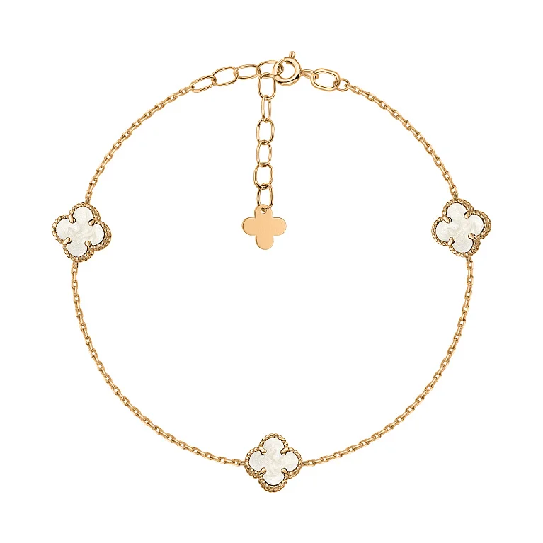 Браслет "Клевер" с перламутром в красном золоте и якорном плетении - 2167205