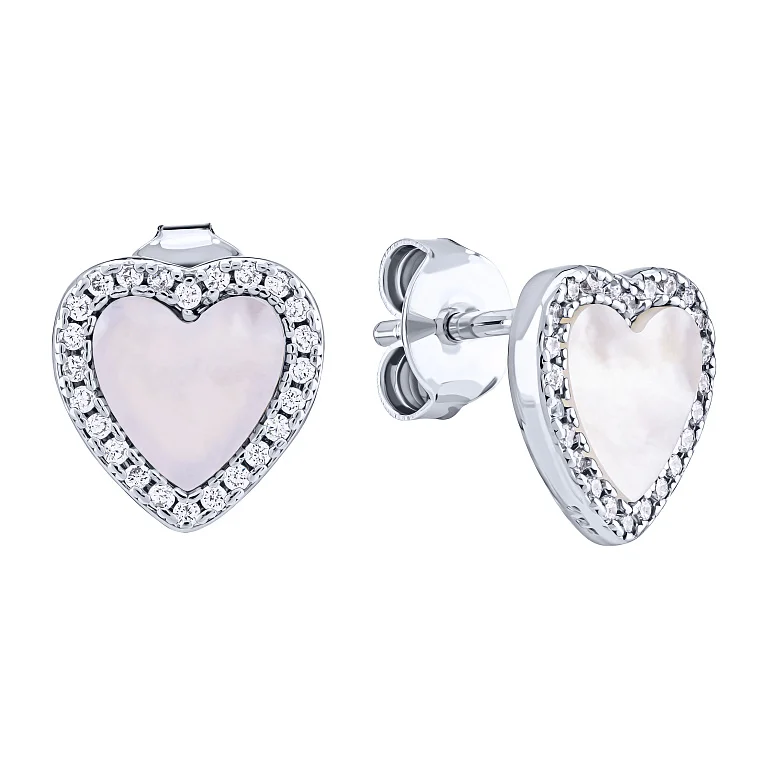 Срібні сережки-гвоздики "Серце" з фіанітами і перламутром - 2146374
