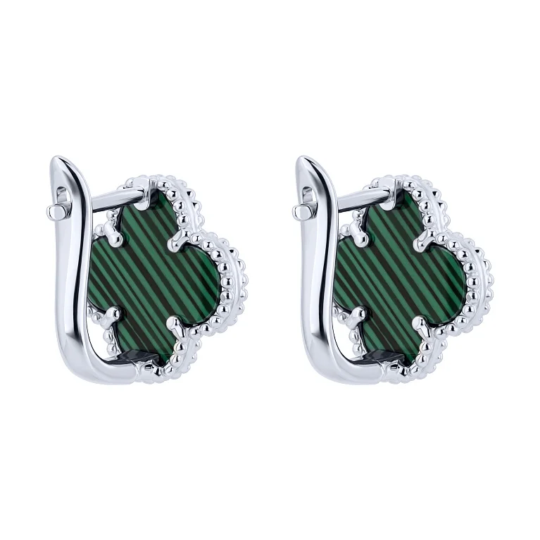 Срібні сережки "Конюшина" з малахітом - 2162568