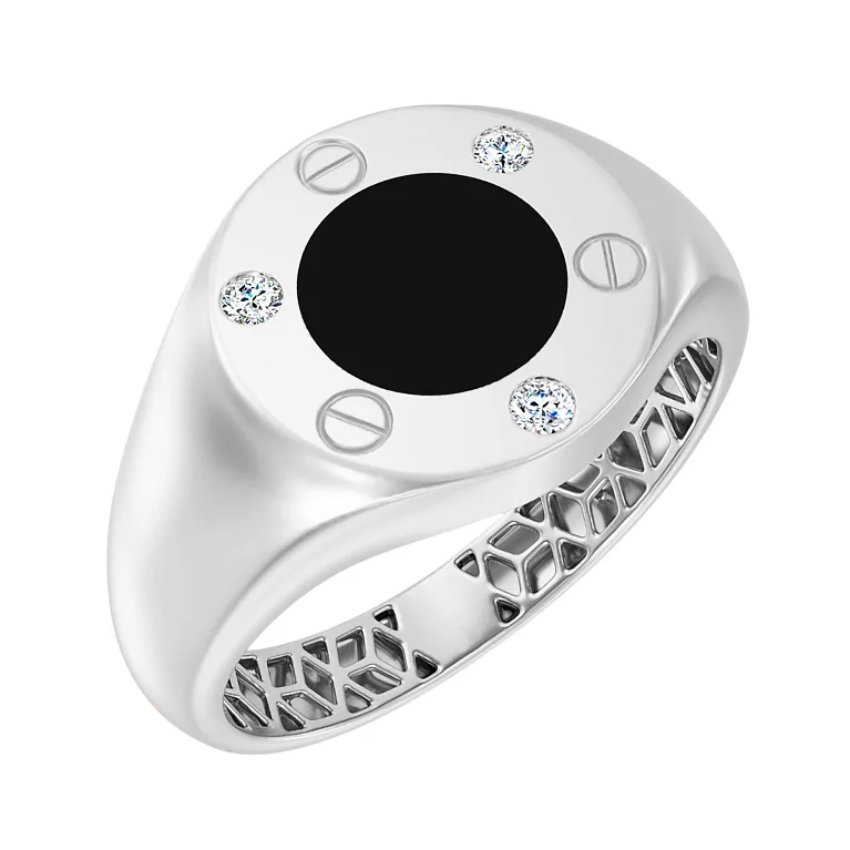 Перстень-печатка "Love" зі срібла з діамантами та емаллю  - 2226594