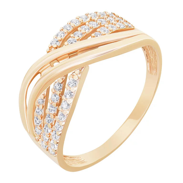 Широкое кольцо "Переплетение" из красного золота с фианитами. Артикул 11167101: цена, отзывы, фото – купить в интернет-магазине AURUM