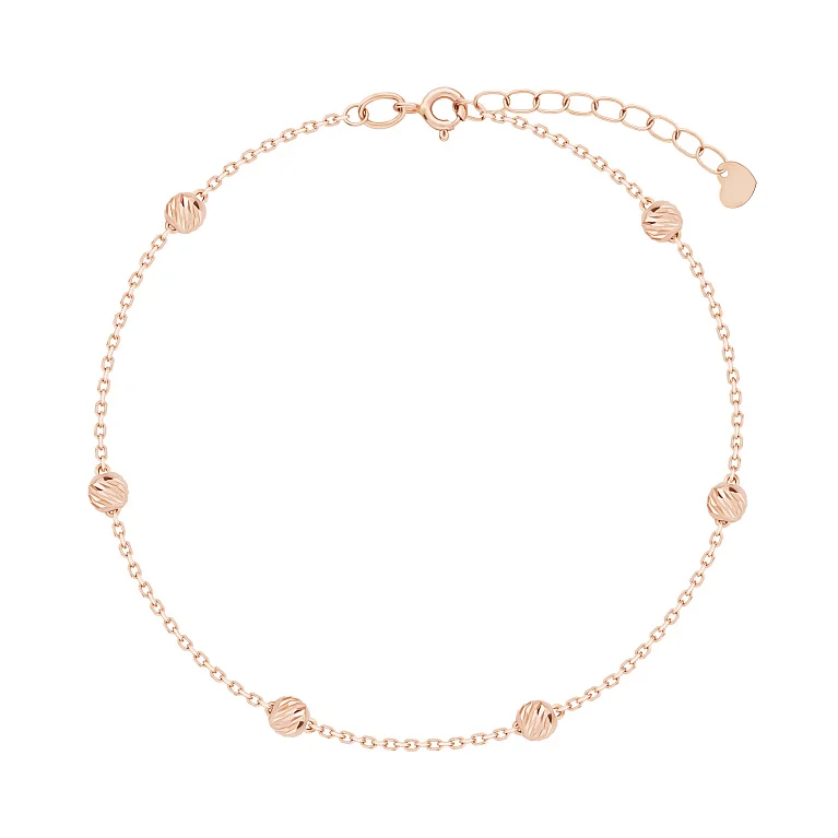 Браслет з червоного золота з кульками та алмазною гранню плетіння якір - 1698647