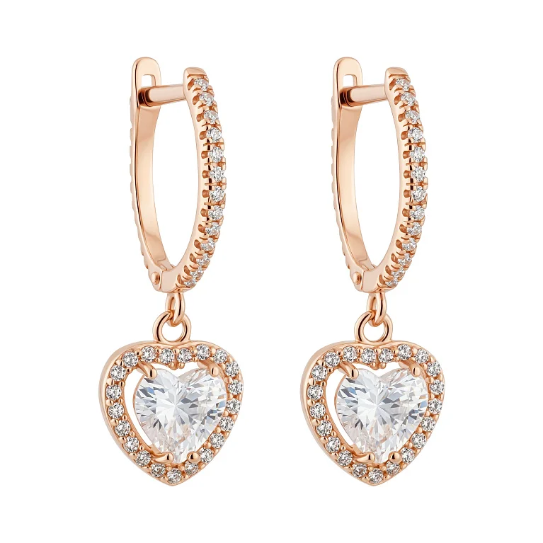 Серьги "Сердце" из красного золота с подвесом и фианитами  - 2189295
