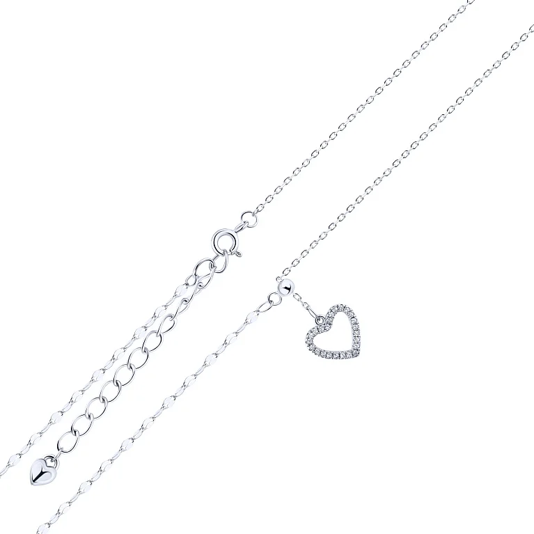 Срібне кольє-краватка "Серце" з фіанітами плетіння якір - 2187664