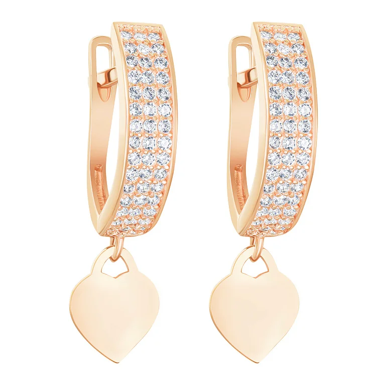 Сережки з фіанітами з червоного золота з підвіскою "Серце" - 2131001