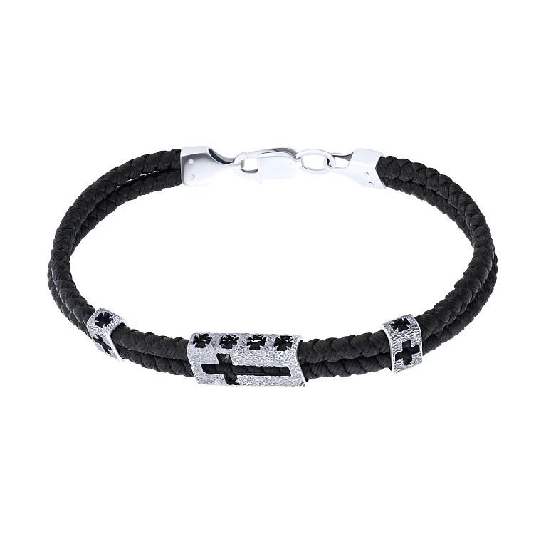 Подвійний браслет із шовку зі срібними вставками і чорнінням - 2149183