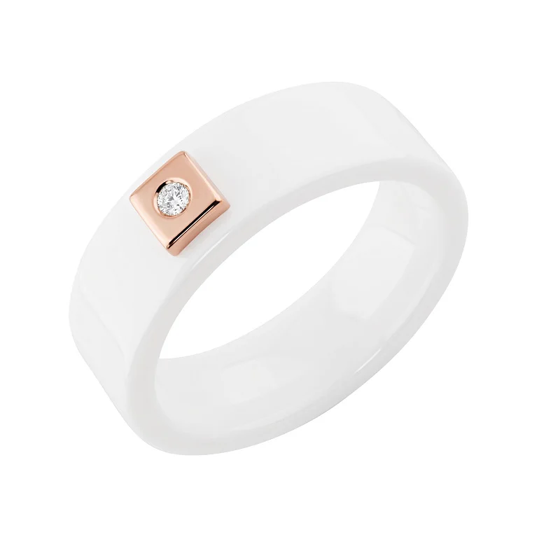 Кольцо из белой керамики и красного золота с бриллиантом - 2124799