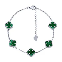 Стильный браслет "Клевер" в серебре с малахитом и якорным плетением - 1880130