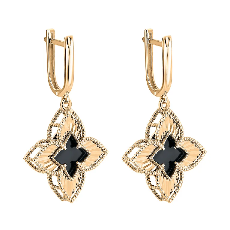 Серьги с повесом из красного золота "Цветок" с ониксом - 2133624