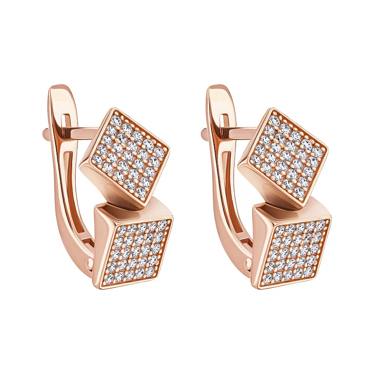 Стильні сережки "Квадрат" з червоного золота з фіанітами - 2127586