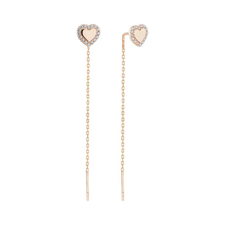 Сережки-протяжки у червоному золоті "Серце" з фіанітами - 2178219