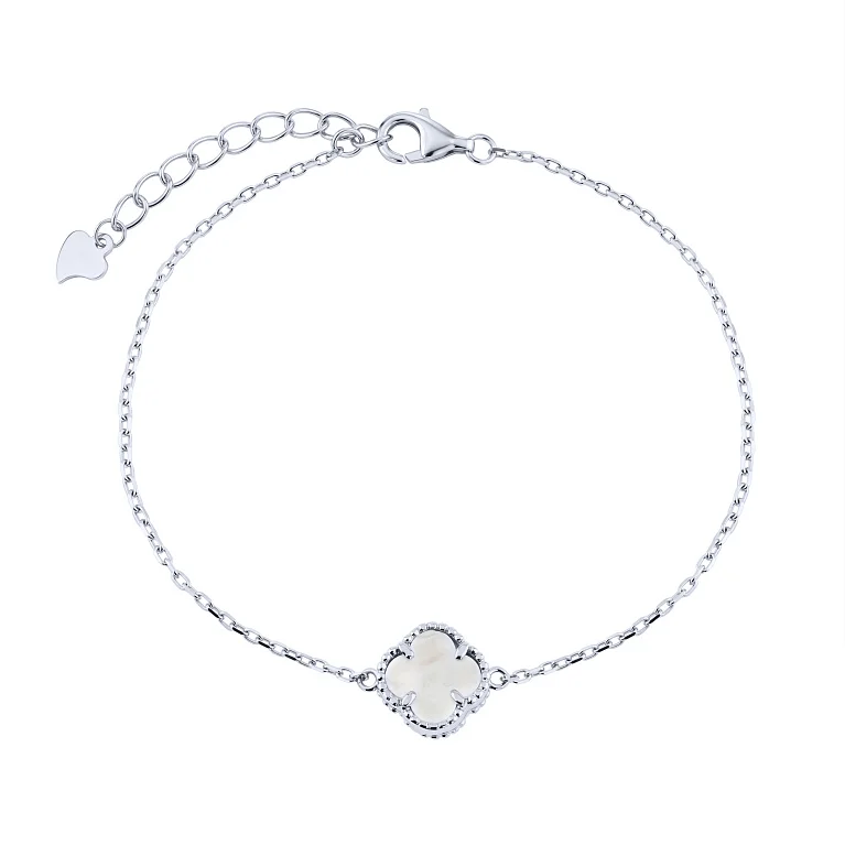 Серебряный браслет "Клевер" с перламутром плетение якорь  - 2218051