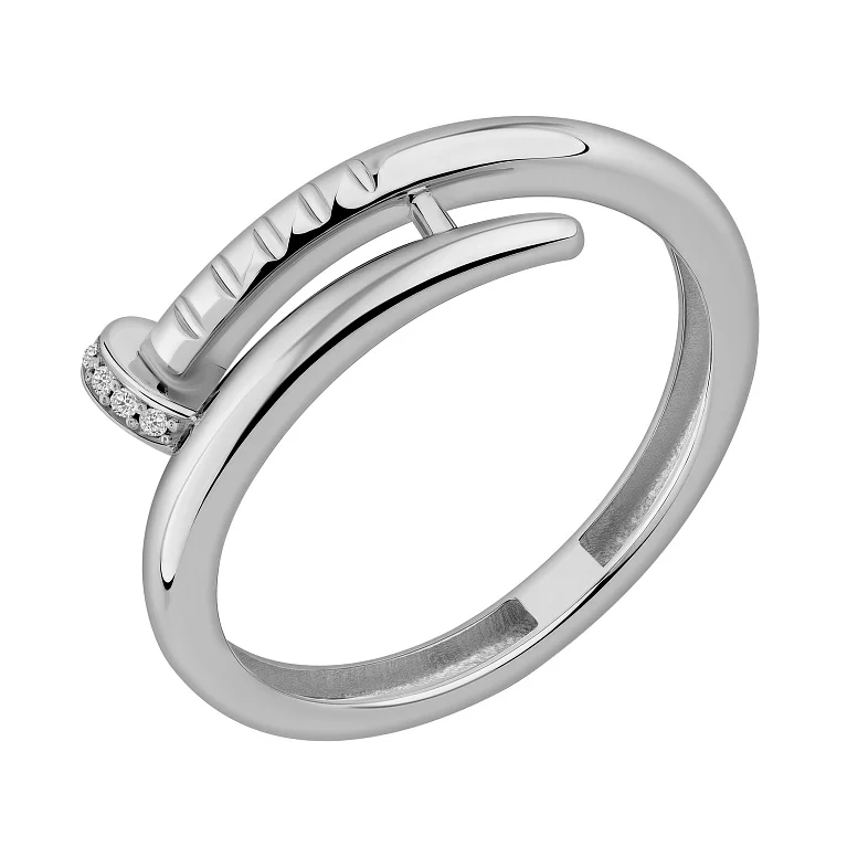 Каблучка з білого золота "Цвях" з фіанітами - 2182757